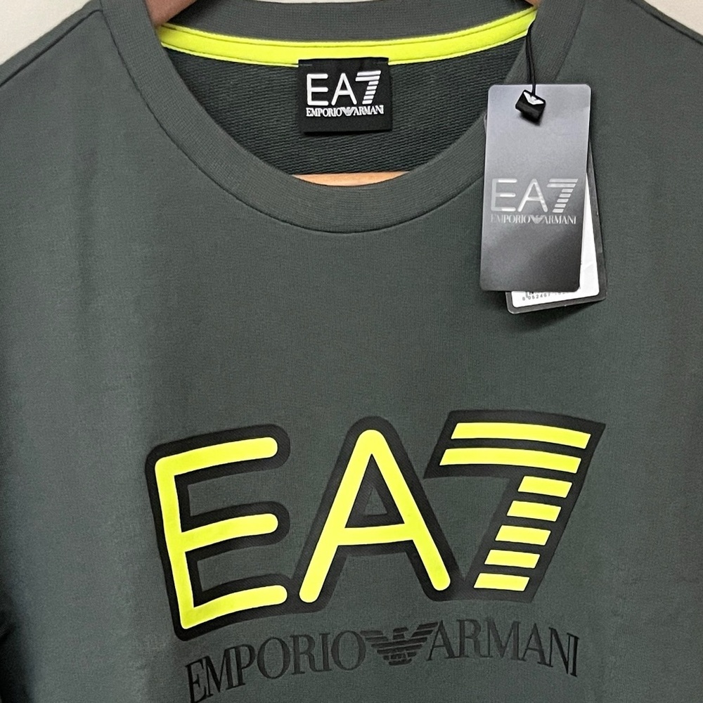 Emporio Armani EA7 Men's Gray T-Shirt with Neon Yellow Logo